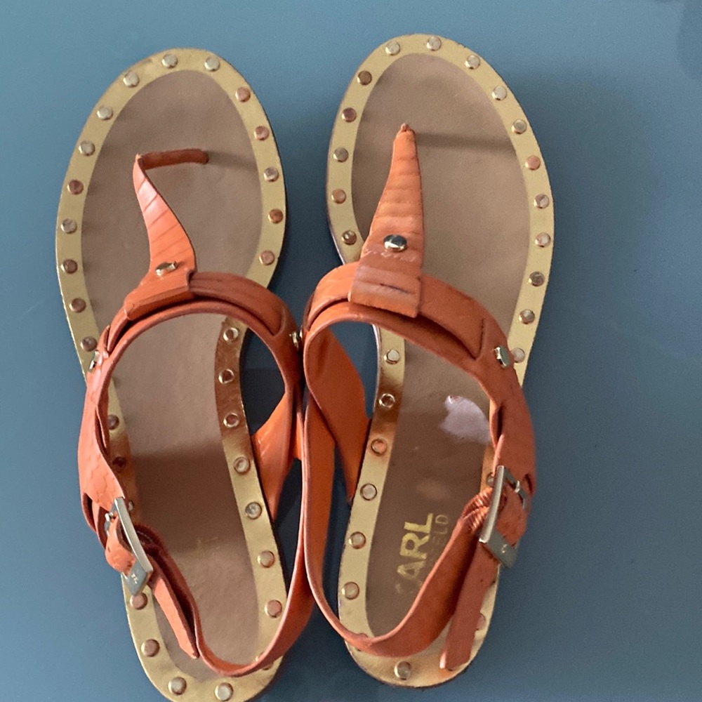 Karl orange sandals size 9 with gold rivets